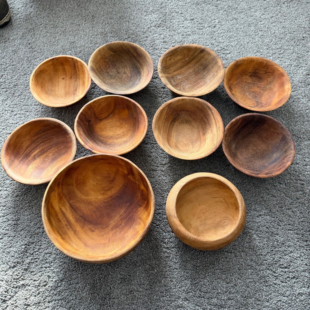 Set of 10 Wooden Bowls‎ Hand Carved Haiti Mountain Maid Serving Bowls